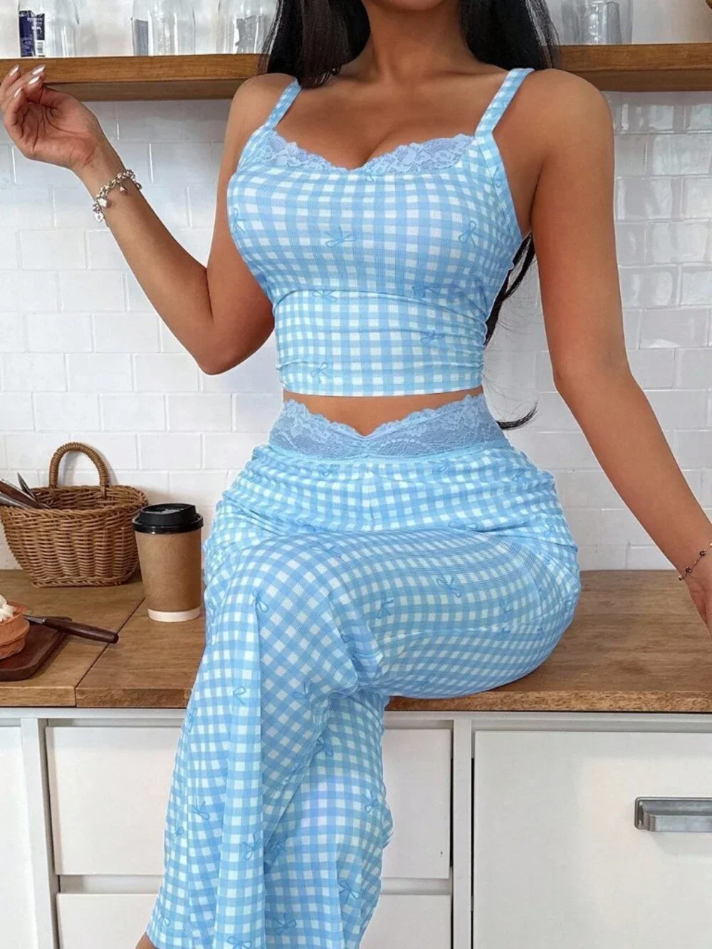 Sky Blue Casual Women's Plaid Bow Print Camisole & Flare Leg Pants Pajama Set